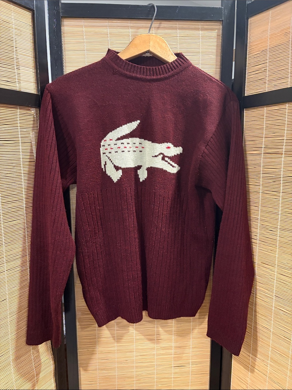 Vintage  Lacoste Men's Ribbed Crewneck Sweater in Burgundy with Crocodile Motif